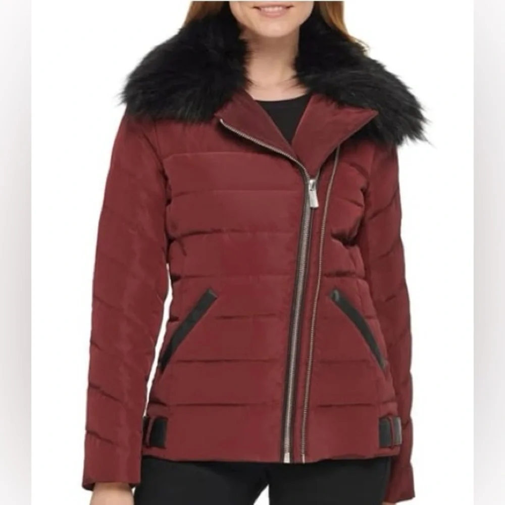 Karl Lagerfeld Paris Faux Fur Collar Puffer Jacket in Oxblood - Picture 3 of 15